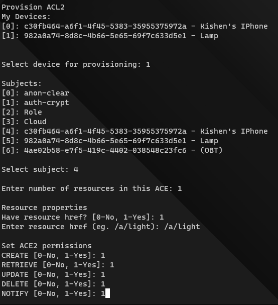 Example of provisioning ACE to Device.
